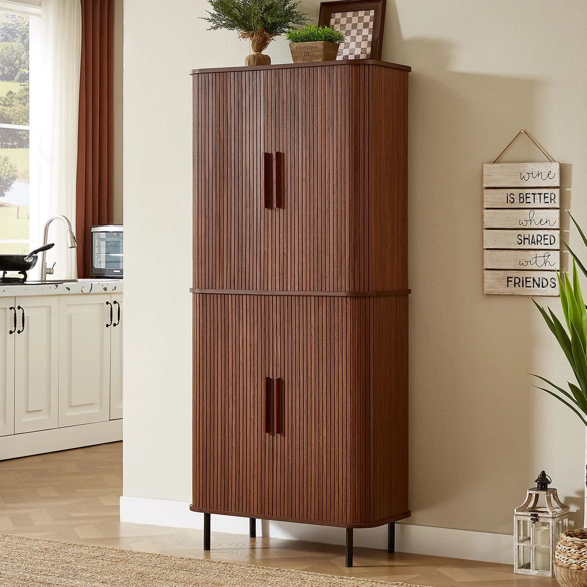71" Fluted Kitchen Pantry Cabinet, Tall Pantry Storage Cabinet With Adjustable Shelves, 2 Pegboards & 4 Hooks