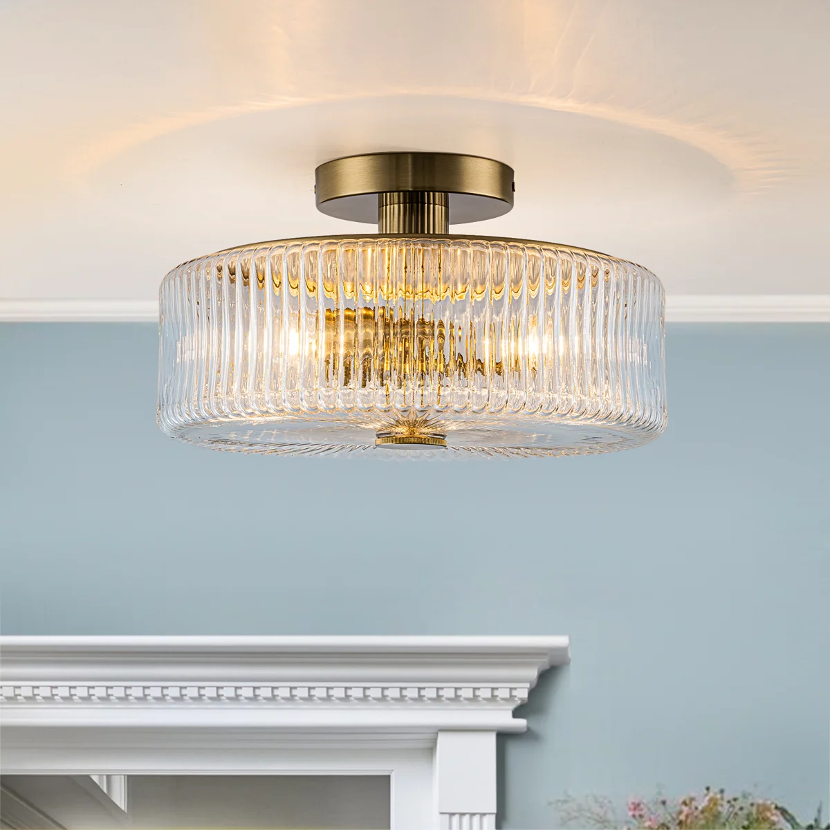 3 - Light Ribbied Glass Semi Flush Mount