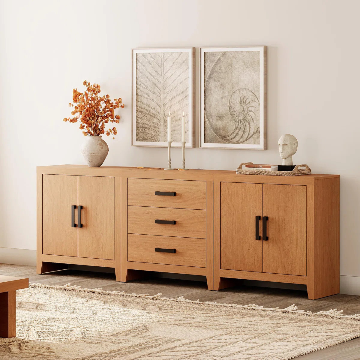 Eaton 3-Piece Modular Sideboard With Drawers & Doors, Weathered Oak Farmhouse Storage Cabinet For Living Room, Dining Room, Or Hallway