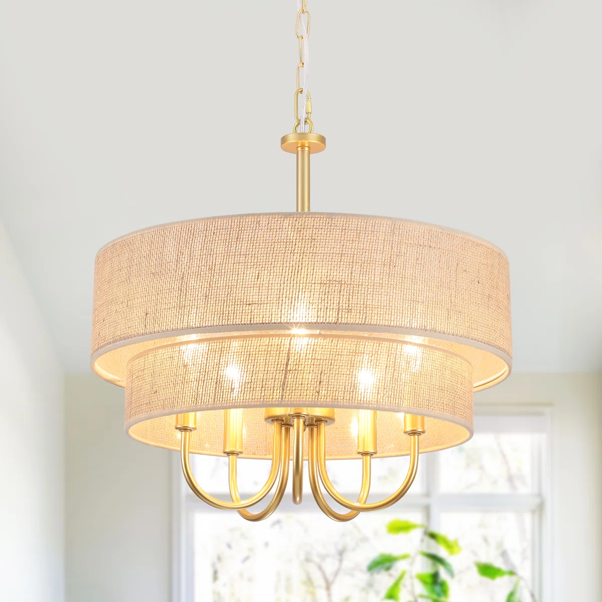 Roelke 5 - Light 2-tier Dimmable Bohemian Rattan Double Drum Rattan Chandelier With Hand Woven Hemp Rope Shade