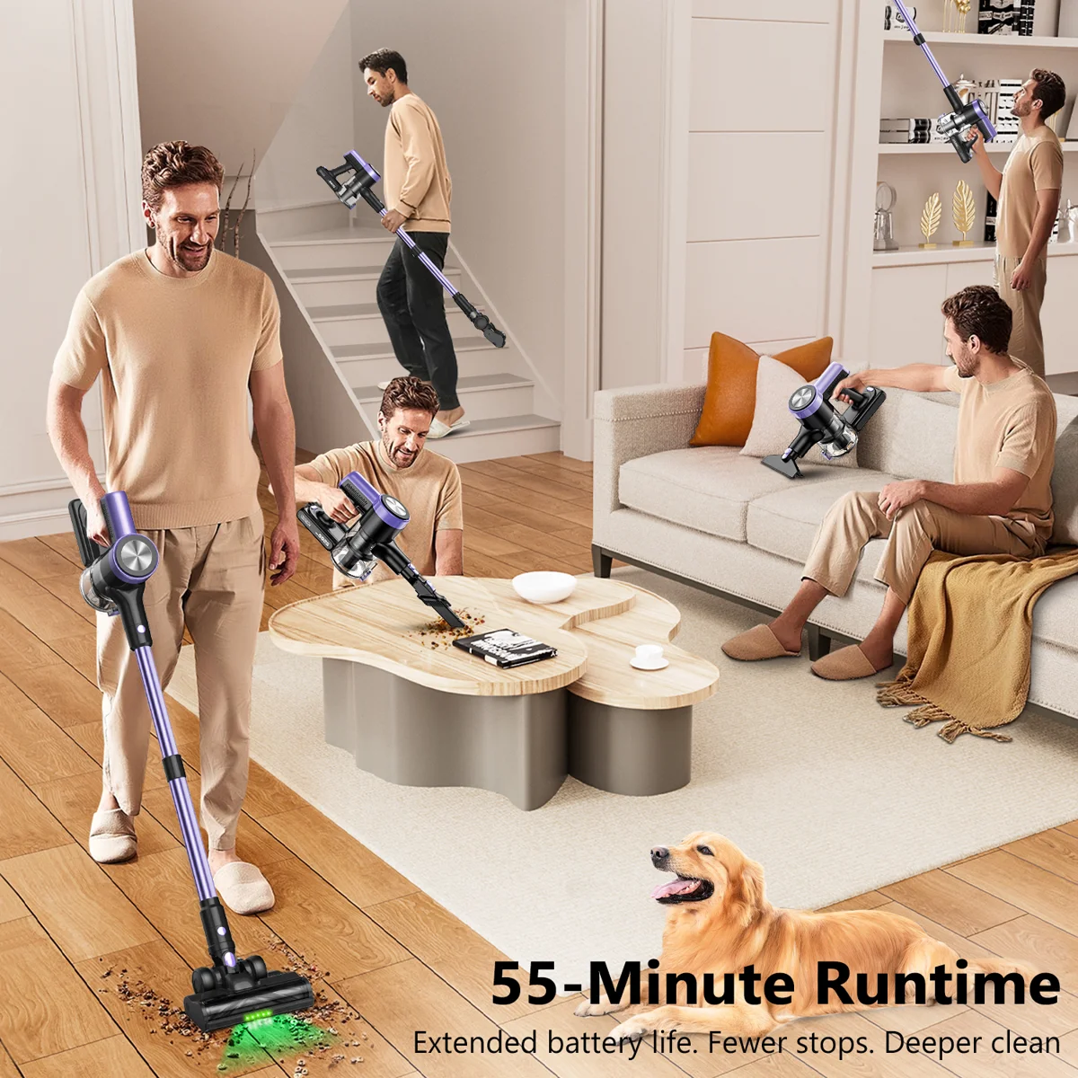 Cordless Vacuum Cleaner, 55KPa/500W Stick Vacuum with 55 Mins Runtime, Self-Standing Vacuum Cleaner for Home, LED Display, Anti-Tangle Brush, Rechargeable Vacuum for Pet Hair, Carpet & Hard Floors