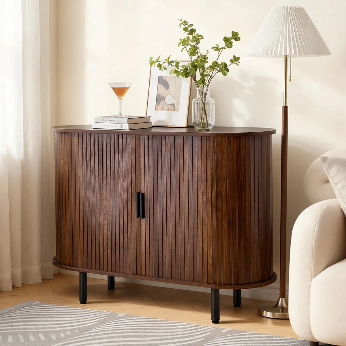 Coffee Bar Cabinet, Mid Century Fluted Coffee Bar Table, Buffet Stand Cabinet with 2 Sliding Doors, Sideboard Buffet Station for Living Room, Entryway, Kitchen, 39.3 x 15.7 x 29.5 in, Walnut
