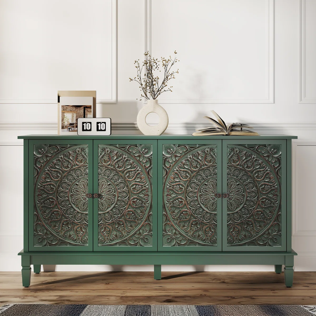 58.3" Carved Sideboard with Door and Solid Wood Legs