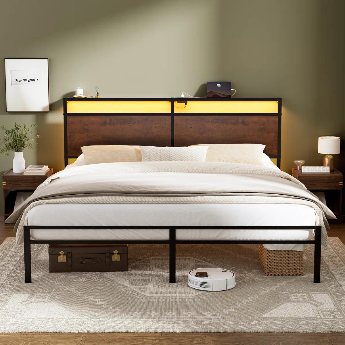 Livia Metal Platform Bed with LED Light and Charging Station