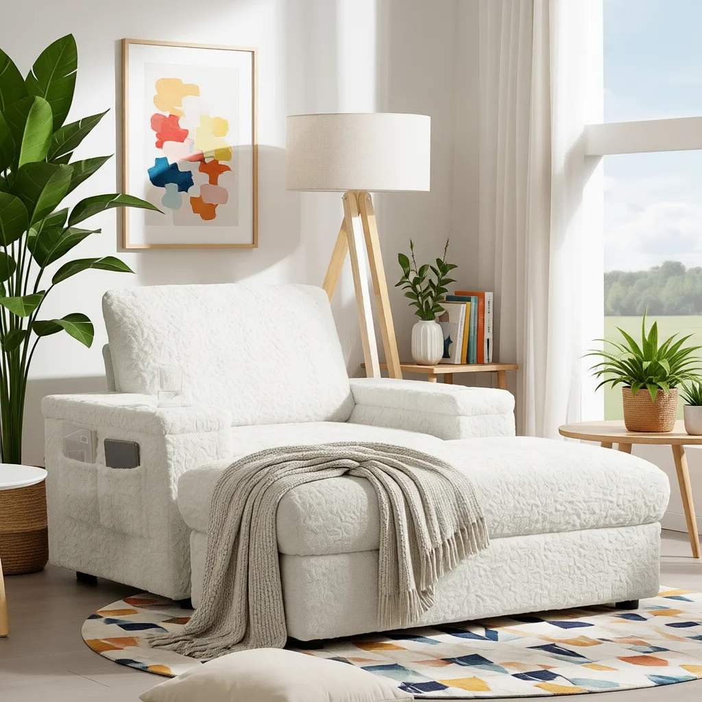 42" Oversized Single Sofa with Storage Ottoman, Faux Fur Armchair with Cup Holder & Hidden Storage Arm, Deep Seat Reading Chair for Living Room or Apartment