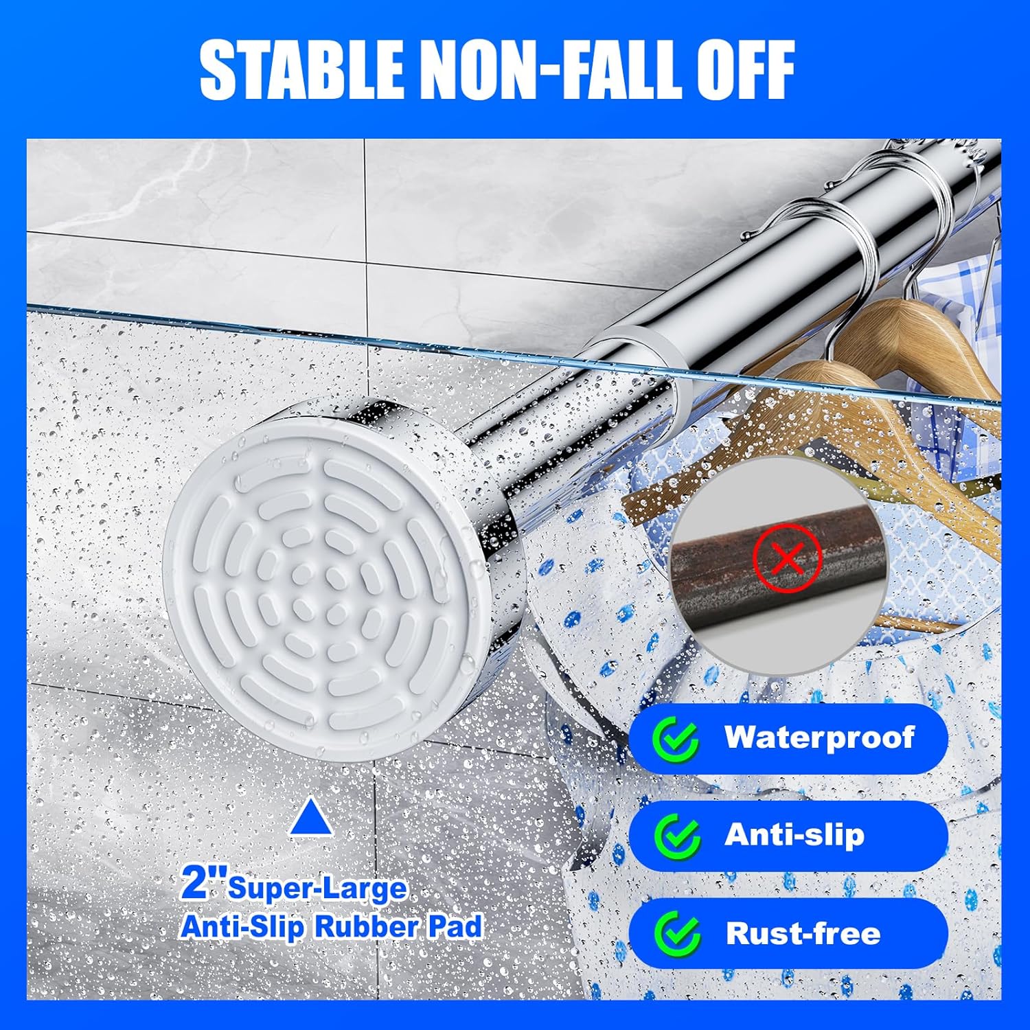 Ausemku Shower Curtain Rod Tension - 26-76 Inch Never Rust Non-Slip Spring Tension Curtain Rod No Drilling Stainless Steel Curtain Rod Use Bathroom Kitchen（Silver） Silver 26-76 IN