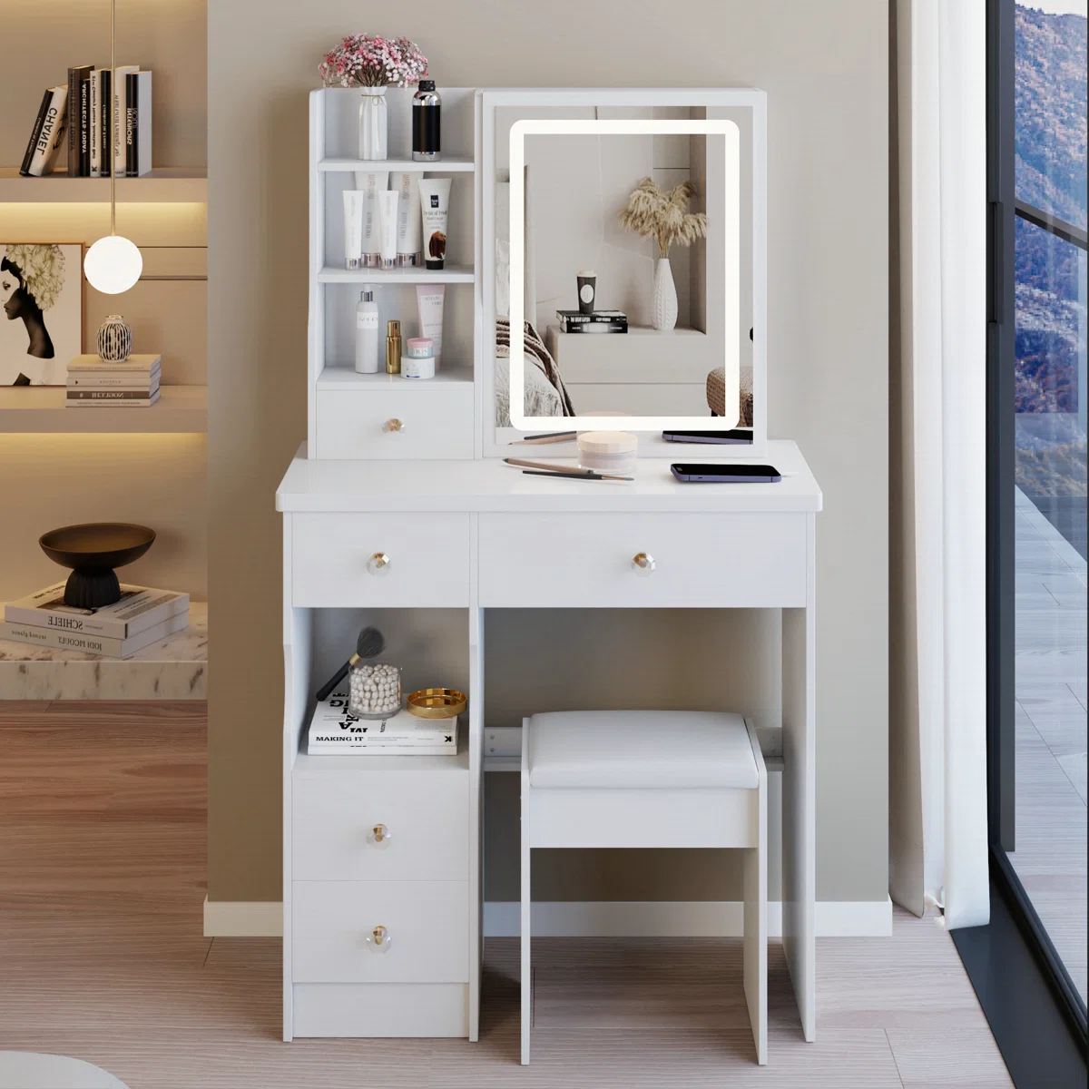 Bedside Vanity Table with Cushioned Stool, Sliding Touch LED Mirror (Tri-Color & Brightness Adjustable), Power Station (2 AC + 2 USB ), and Hair Dryer Bracket