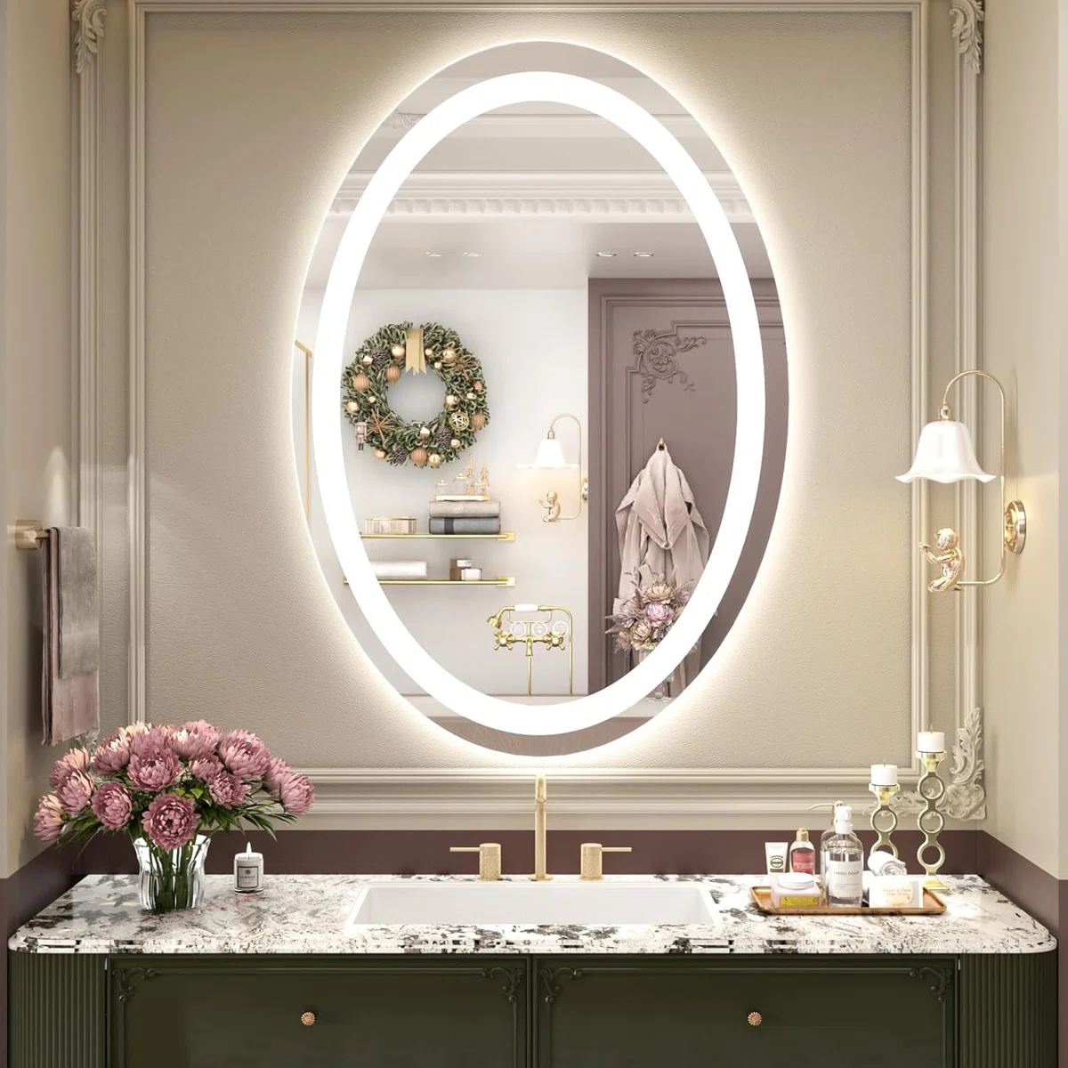 Molly Frameless Front Light and Backlit 3 Colors Dimmable Anti-Fog Oval Wall Bathroom Vanity Mirror