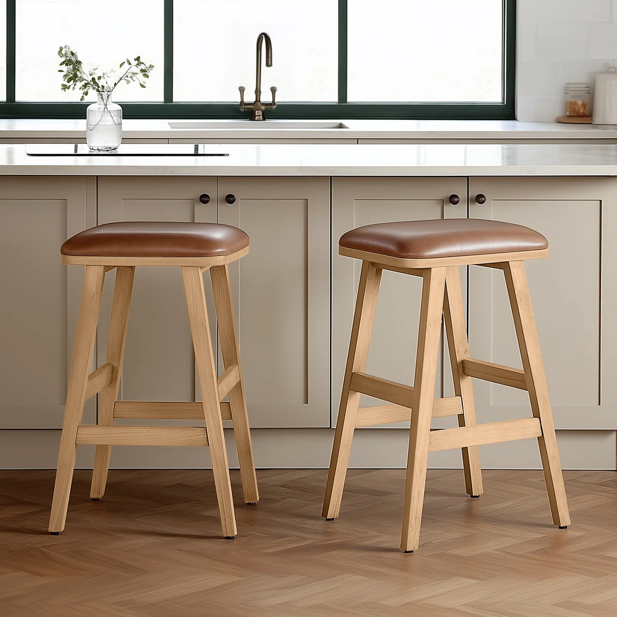 Upholstered Wood Saddle Stool - Set of 2