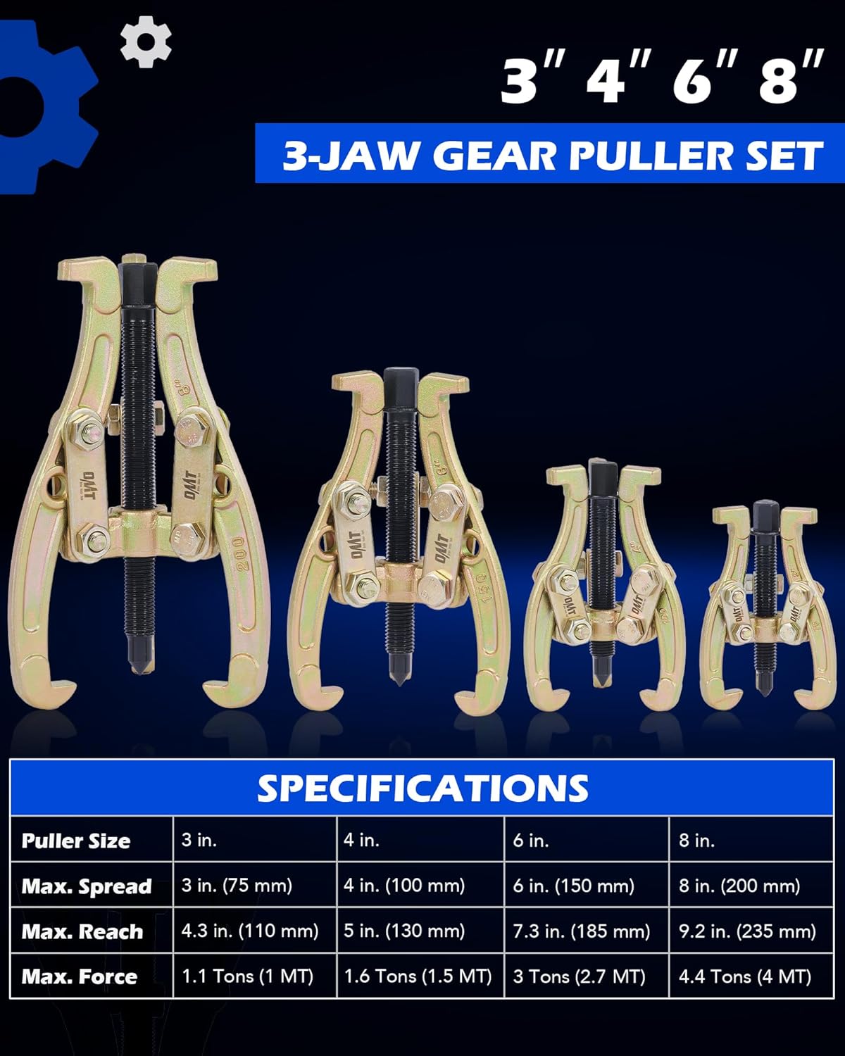 Orion Motor Tech Gear Puller Set, 3 4 6 8 3 Jaw Puller Kit for Pulley Gear Bearing Flywheel Removal, Heavy Duty Pulley Puller with Reversible Jaws 4 pcs Bearing Puller Tool Kit gold 3 4 6 8