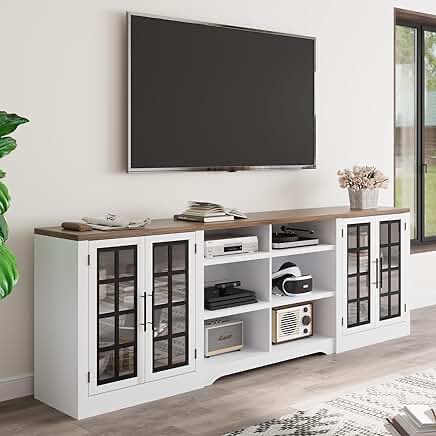 (incomplete )94.5 inch TV Stand for TVs up to 100, Entertainment Center Console Table with Closed Storage Cabinet and 3-Tier Open Shelves, Farmhouse TV Console for Living Room, White