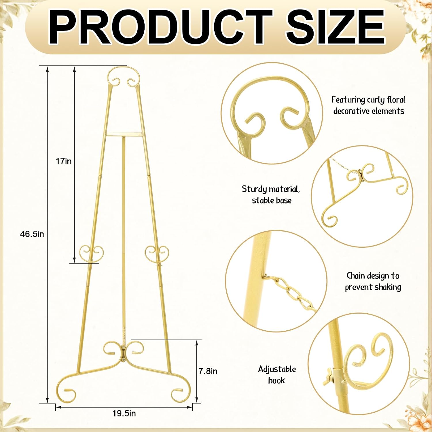 Feifeiya 3 Packs Gold Easel Stand for Sign 46'' H Metal Display Easel Heavy Duty Large Poster Stand with Chain Support for Wedding Home Poster Photo Display Art Mirror 46 In Trapezoidal 3