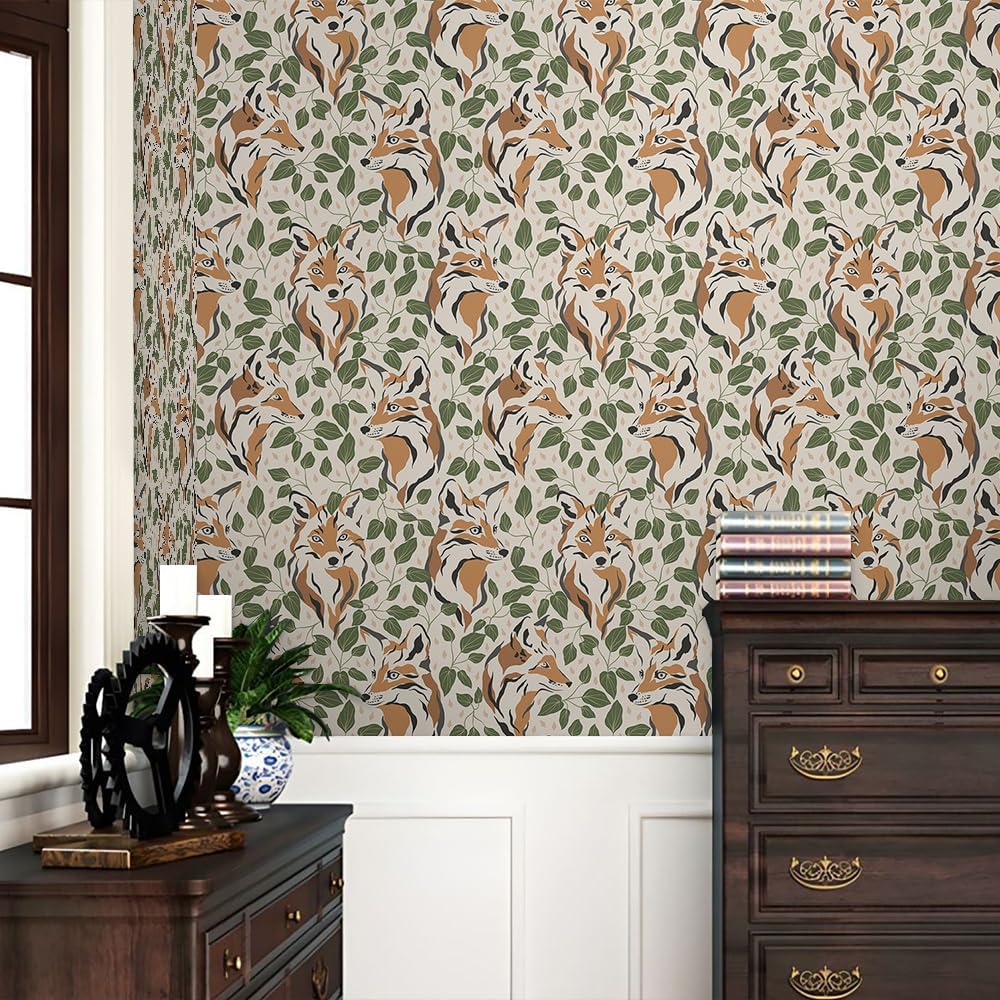 1 pc REDAMANCY Boho Yellow Cream Fox Green Vine Leaf Abstract Peel and Stick Wallpaper Stick on Contact Paper Vintage Wall Paper Easy Peel Off for nightstand Drawer Cabinet Renter