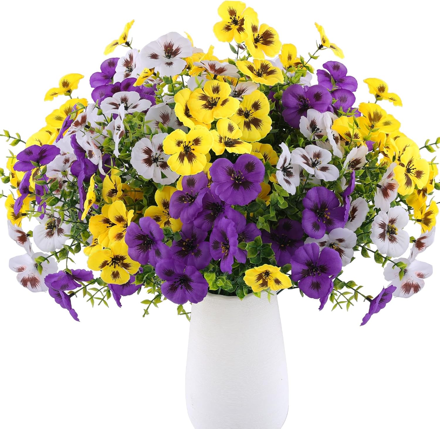 18 Pcs Artificial Fake Pansy Flowers for Outdoor, Faux Silk Pansies Spring Flowers for Outside for Planter Front Door Porch Yard Patio Window Box Home Decor (18, Purple, Yellow, White) Purple, Yellow, White 18