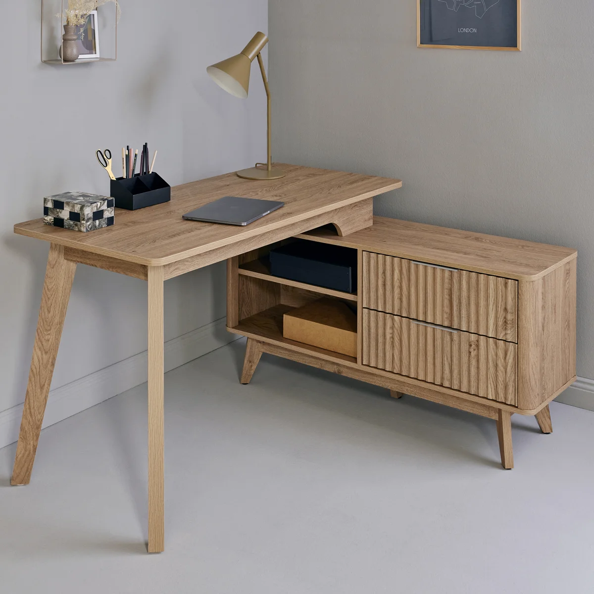 Jurine 55,12" L Shaped Writing Desk with Storage Cabinet