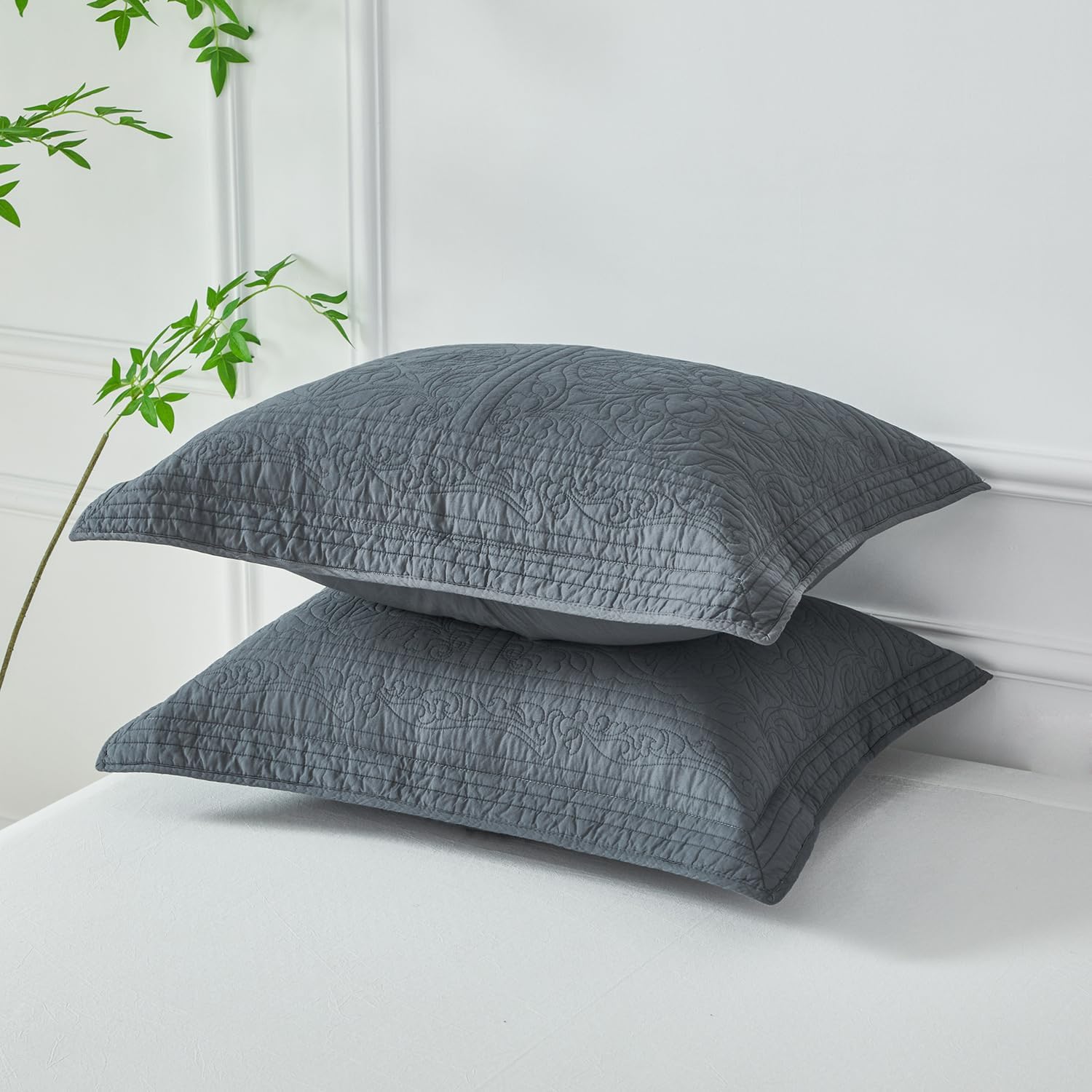 WINLIFE 100% Cotton Quilted Pillow Sham Floral Printed Pillow Cover Set of 2 (Standard Size, Dark Grey) Dark Grey 26 x 20 (Pack of 2)