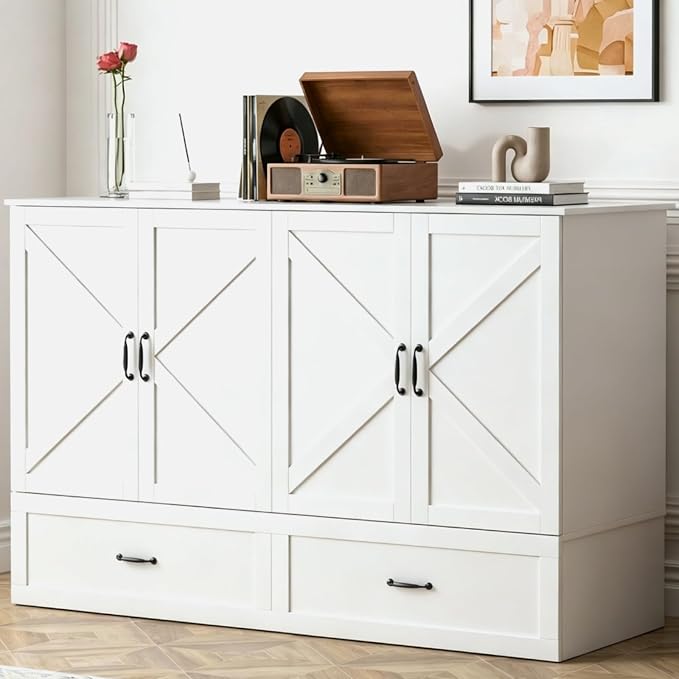 Balus Queen Murphy Bed With Tri-folding Mattress,modern Cabinet Bed With Storage Drawer & Usb Charging Station, Solid Wood Cube Cabinet Bed For Bedroom,guest Room