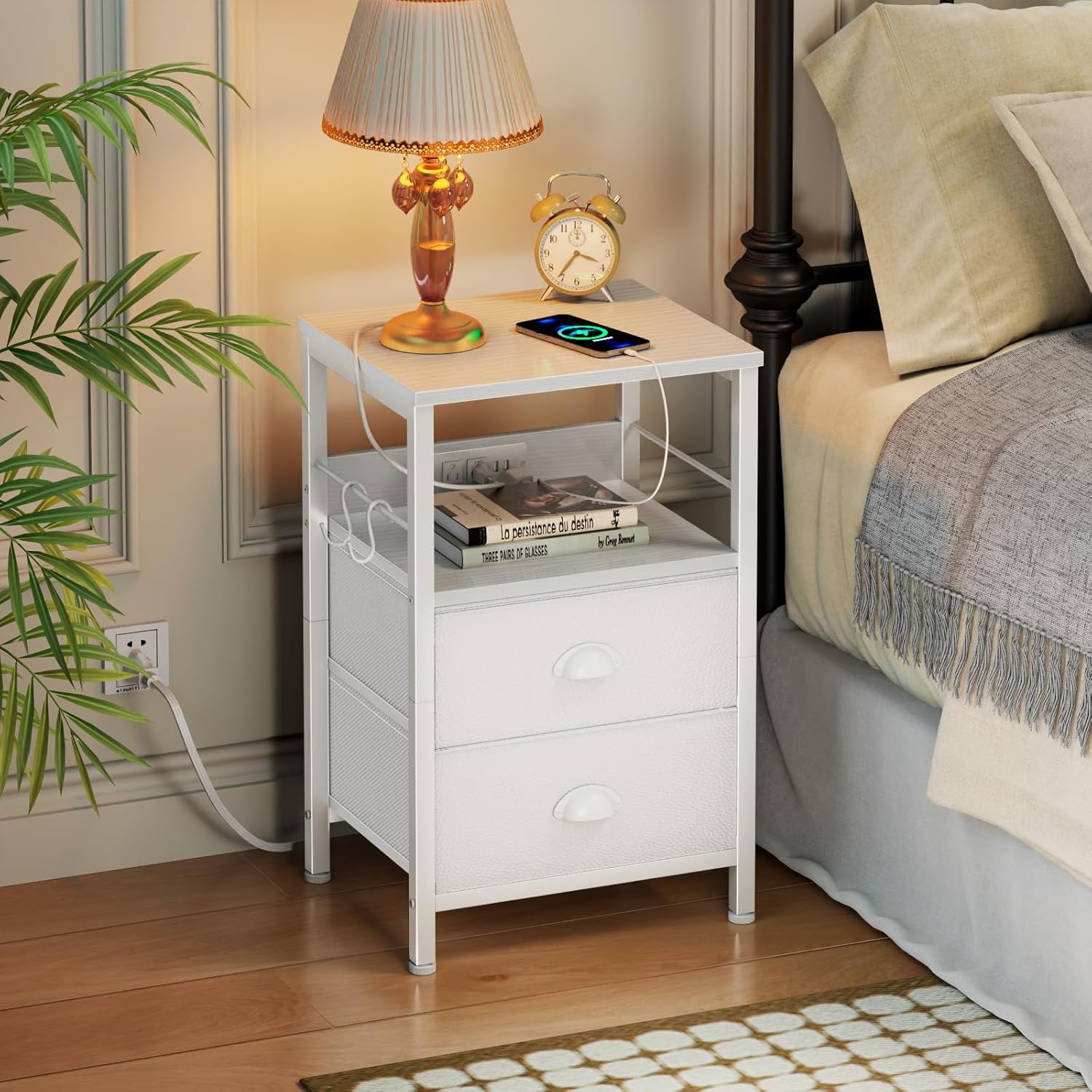 (no hardware)Furologee End Table with Charging Station, Nightstand with Fabric Drawers, Side Tables with USB Ports & Outlets, Night Stand with Storage Shelf & Hooks, for Living Room/Bedroom, White White 1 pc