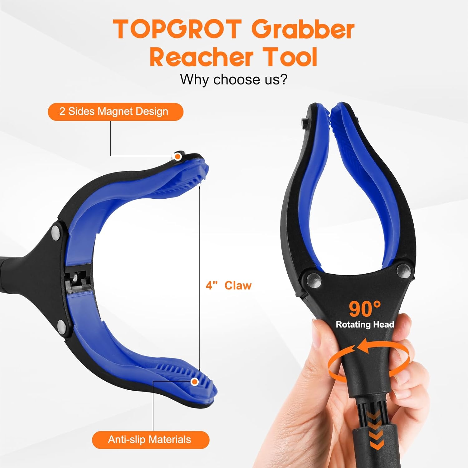2-Pack Grabber Reacher Tool, 34 Foldable Reacher Grabber Pickup Tool with 360° Anti-Slip Rotating Jaw & Magnets, 4 Wide Claw Opening Reachers for Seniors, Trash Picker Tool