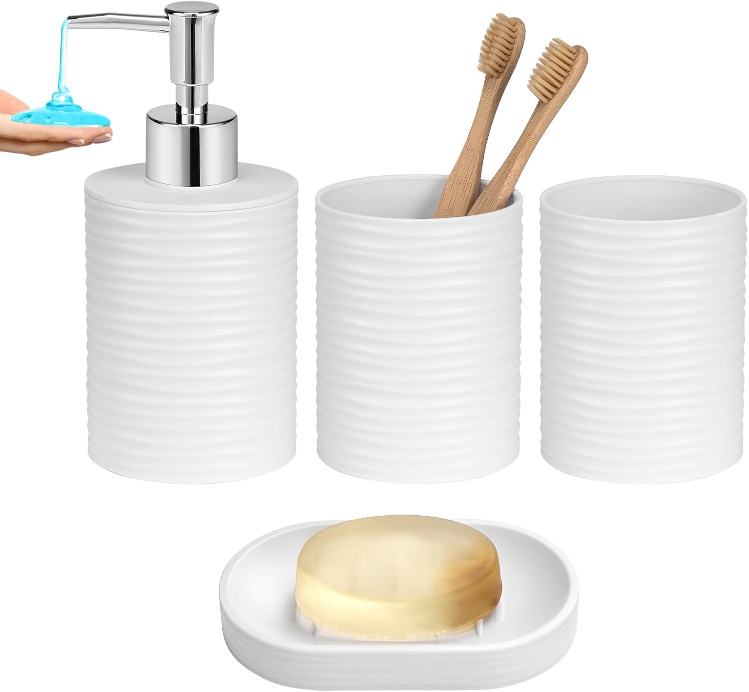 Plastic Bathroom Accessories Set 4Pcs, White Bathroom Accessory Set Includes Liquid Soap Dispenser with Rust-Proof Plastic Pump, 2Pcs Bathroom Cup, Soap Dish for Modern Home Apartment White 4pcs