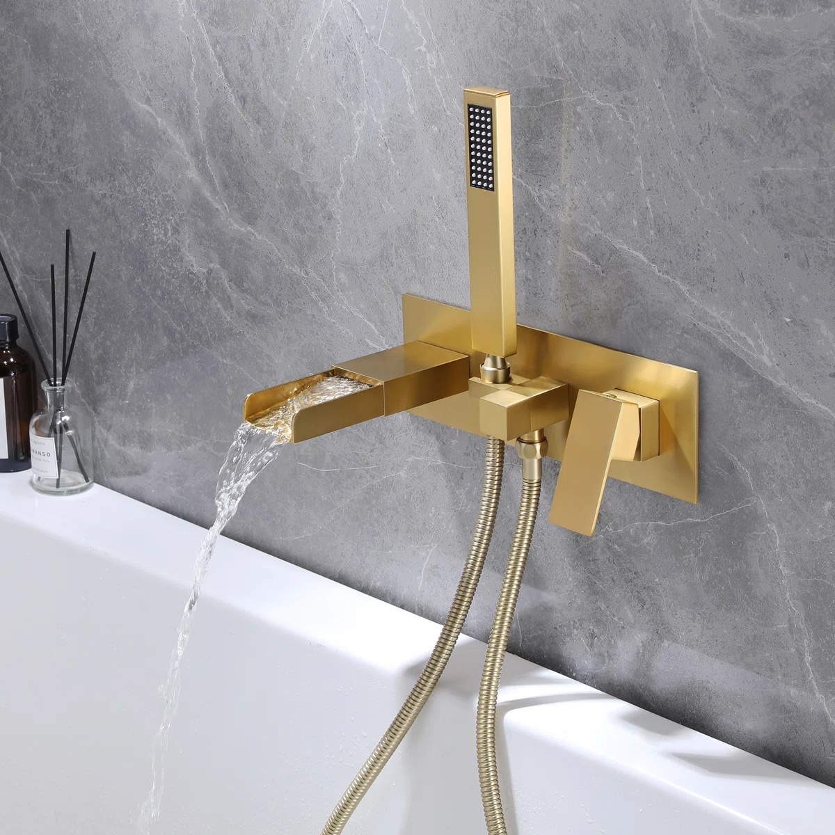 7" Wall Mounted Waterfall Tub Filler, Solid Brass Bathroom Tub Faucet with Hand Shower