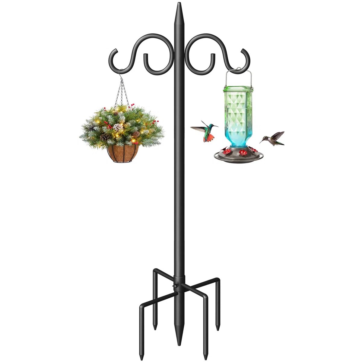 (ONLY ONE HOOK/NOT DOUBLE SIDED) 108 Inch Outdoor Shepherd Hook (1 Pack) - 7-Prong Base, Adjustable Heavy Duty Garden Stake, Matte Black, For Bird Feeders, Solar Lights, Plants, Weddings
