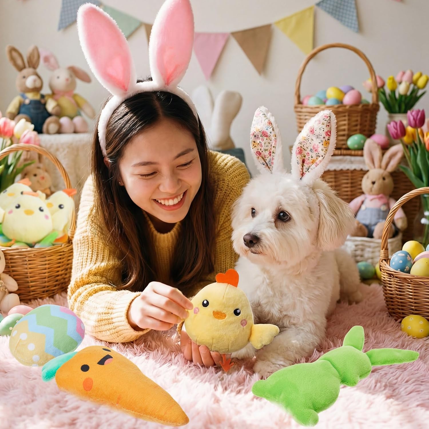 Civaner 12 Pcs Squeaky Dog Toys Bulk, Cute Plush Bunny Carrot Egg Chicken Stuffed Puppy Toys for Small Medium Dogs, Interactive Soft Chew Playthings for Birthday Party Favors & Training 12 Easter Eggs