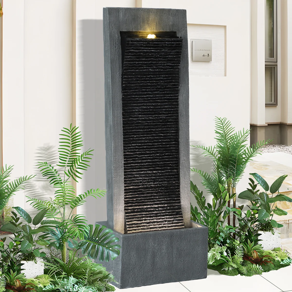 49.6" H Indoor Water Fountain Contemporary Curves Outdoor Garden Fountain with LED Lights, Pump and Natural Stones