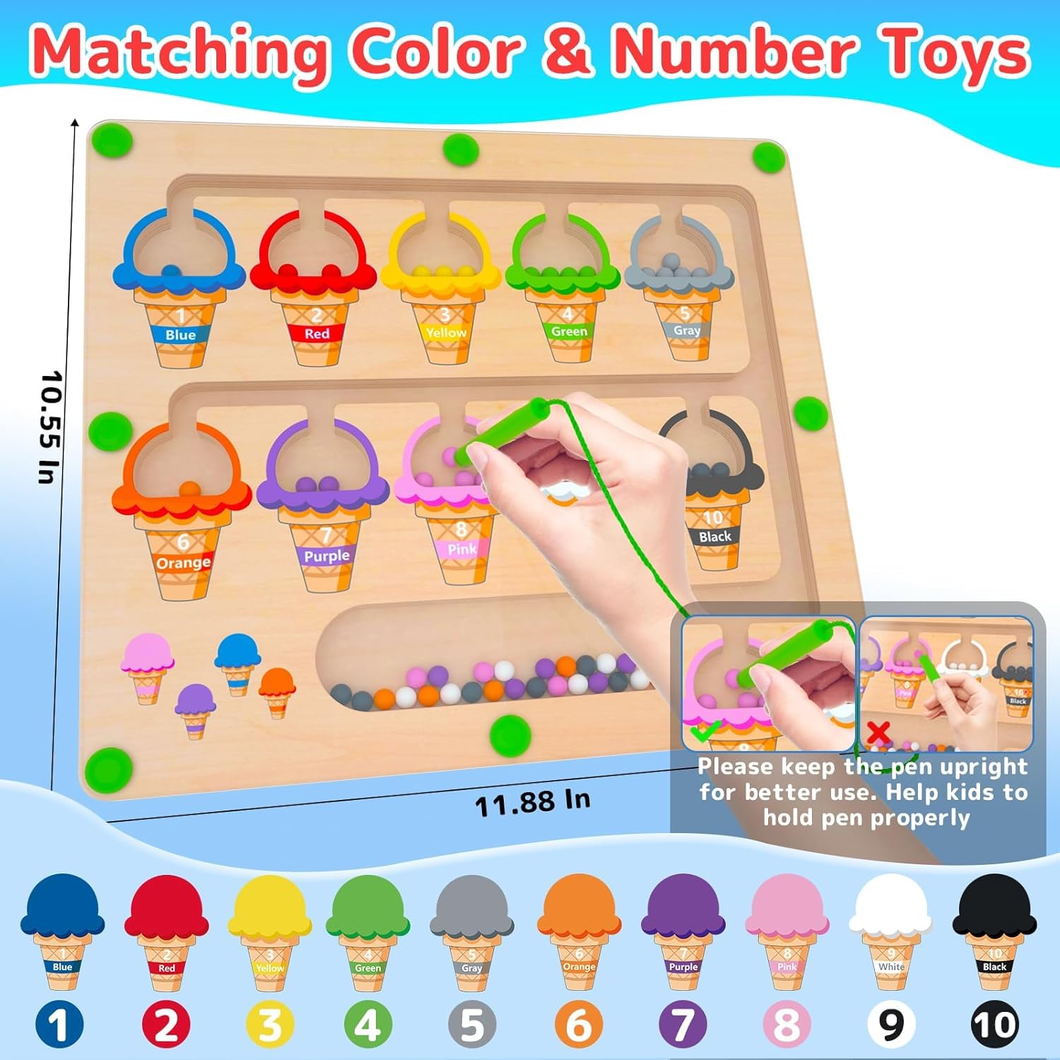Magnetic Color & Number Maze - Montessori Wooden Color Matching Learning Counting Puzzle Board - Toddler Fine Motor Skills Toys for Boys Girls 2 3 4 Years Old Ice Cream