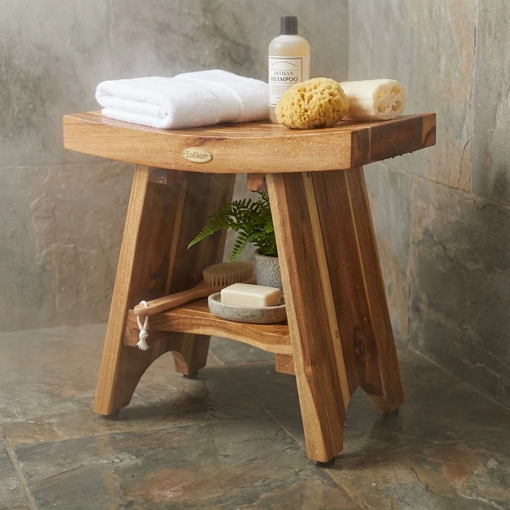 EcoDecors - Serenity, 18 Inch Wide - Teak Shower Bench - Bathroom Stool Seat - in Earthy Teak