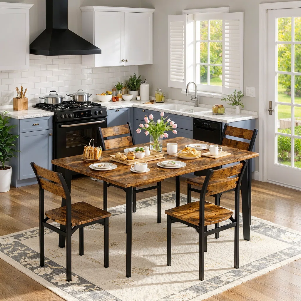 Dining Table Set For 4, Farmhouse Wood Grain 5 Piece Kitchen Table Set, 47'' Wood Kitchen Table With 4 Classic Dinner Chairs For Living Room, Dining Room, Apartment