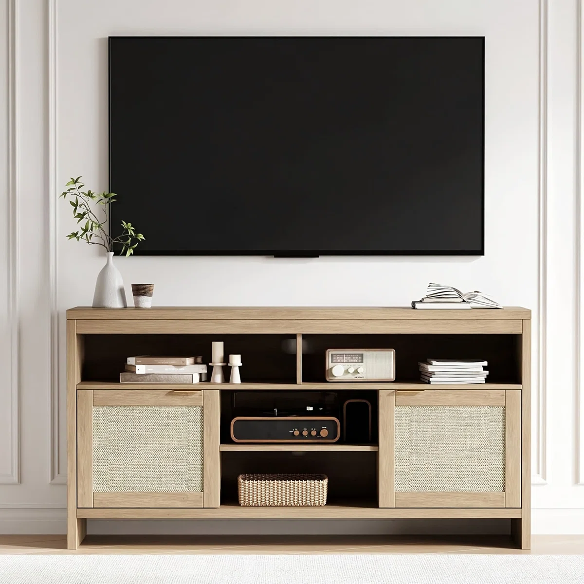 59''Rattan TV Stand for up to 65'',Entertainment Center with Open Storage, Media Console for Bedroom,Living Room,Oak