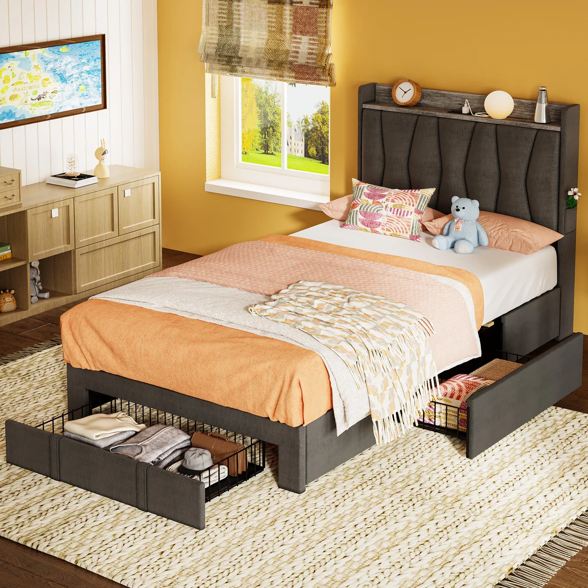 Deilyn Upholstered Bed with Charging Station and 3 Drawers