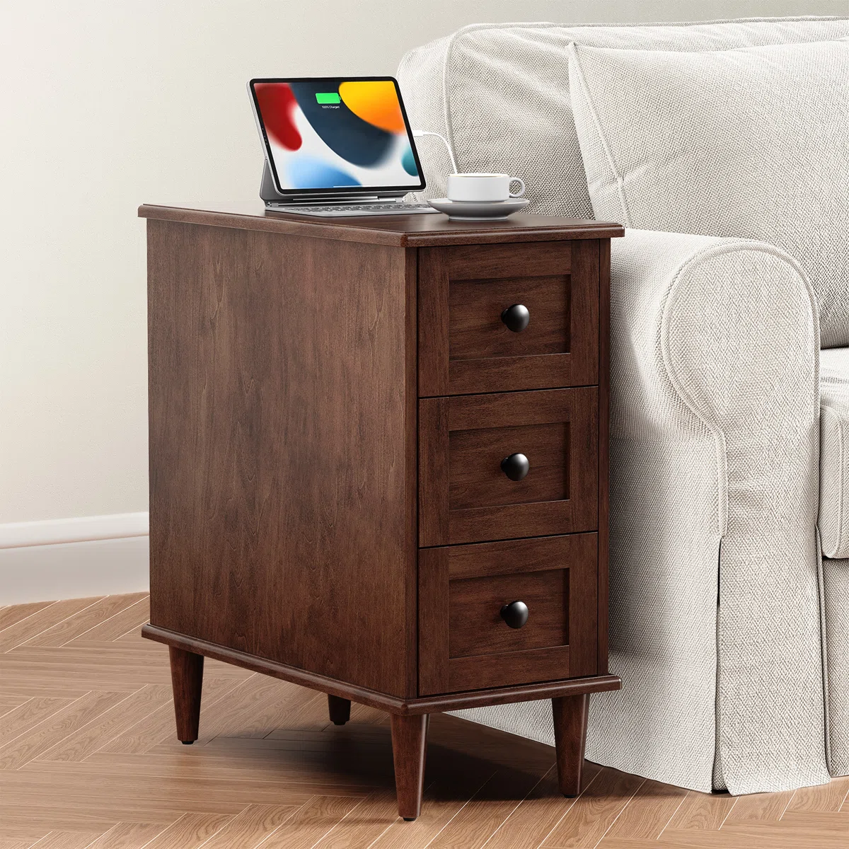 End Table With Storage And Built-In Outlets For Living Room,3 Drawer Nightstand For Bedroom,Office