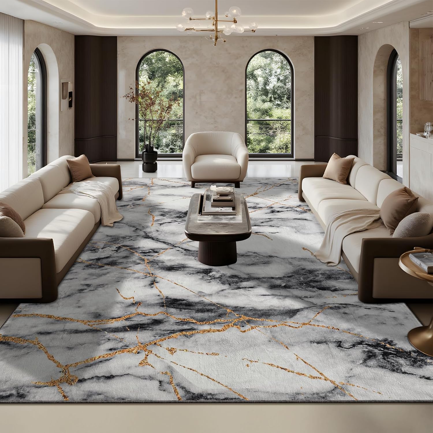 CRYPTOLITE Area Rugs 9x12 Rug for Living Room Abstract Washable Rug with Non-Slip Backing Low Pile Area Rugs for Bedroom, Dining Room, Gold&Grey Marble - Gold Grey 9' x 12' (Rectangular)