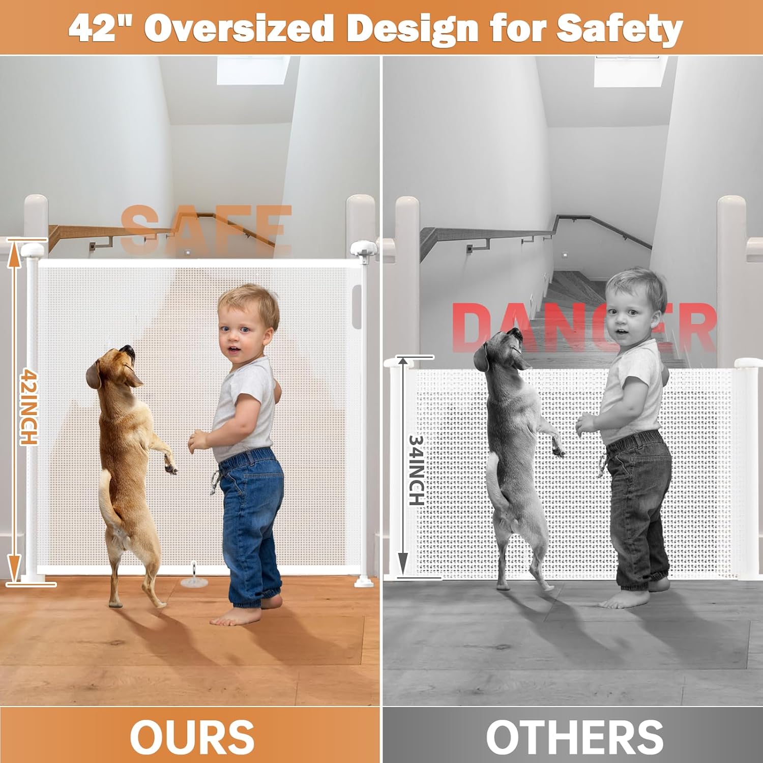 120 Extra Wide Retractable Baby Gates Mesh Gate, Long Retractable Dog Gate for Large Opening, 42 Extra Tall Child Safety Gate Pet Gate with Support Rods for Stairs Hallways Doorways Indoor Outdoor White 42 Tall x 120 Wide