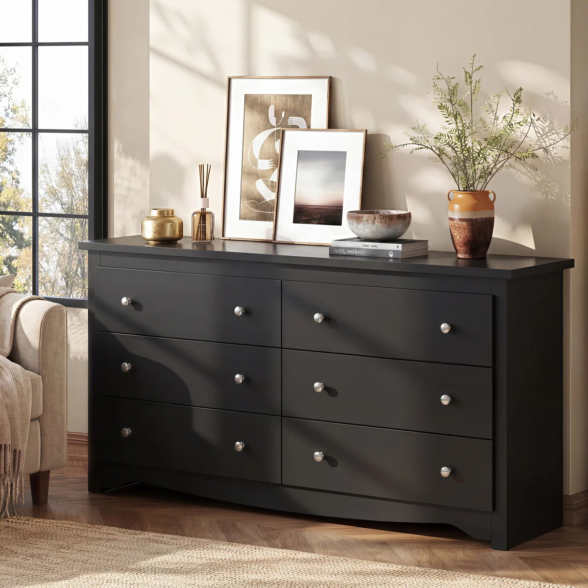 59" W Wooden Dresser with 6 Drawers for Bedroom, Modern Large Dresser Closet Storage Organizer, Chest of Drawers for Living Room Hallway