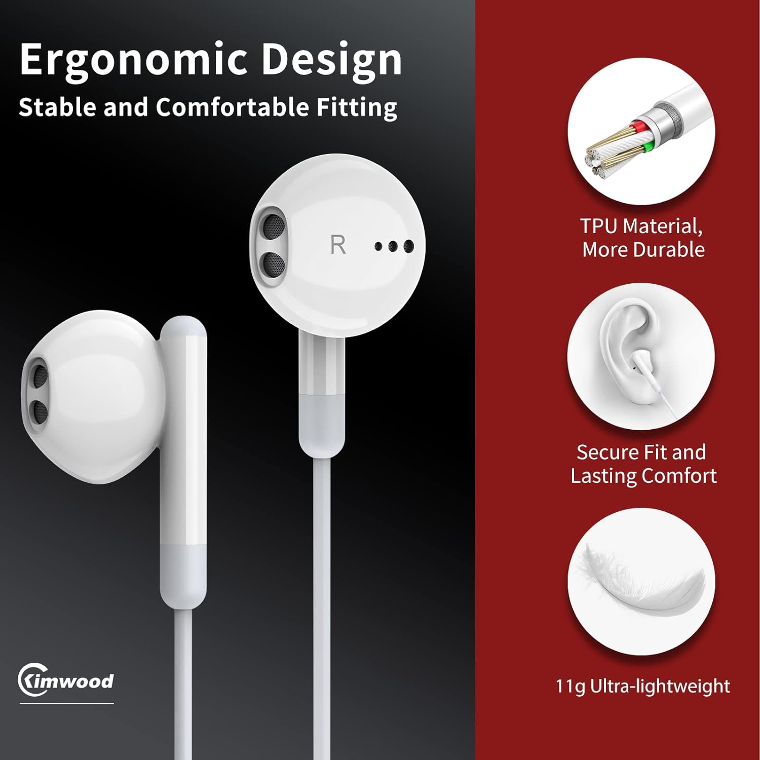 Kimwood Wired Earbuds with Microphone, Wired Earphones in Ear Headphones HiFi Stereo, Powerful Bass and Crystal Clear Audio, Compatible with iPhone, iPad, Android, Computer Most with 3.5mm Jack White regular