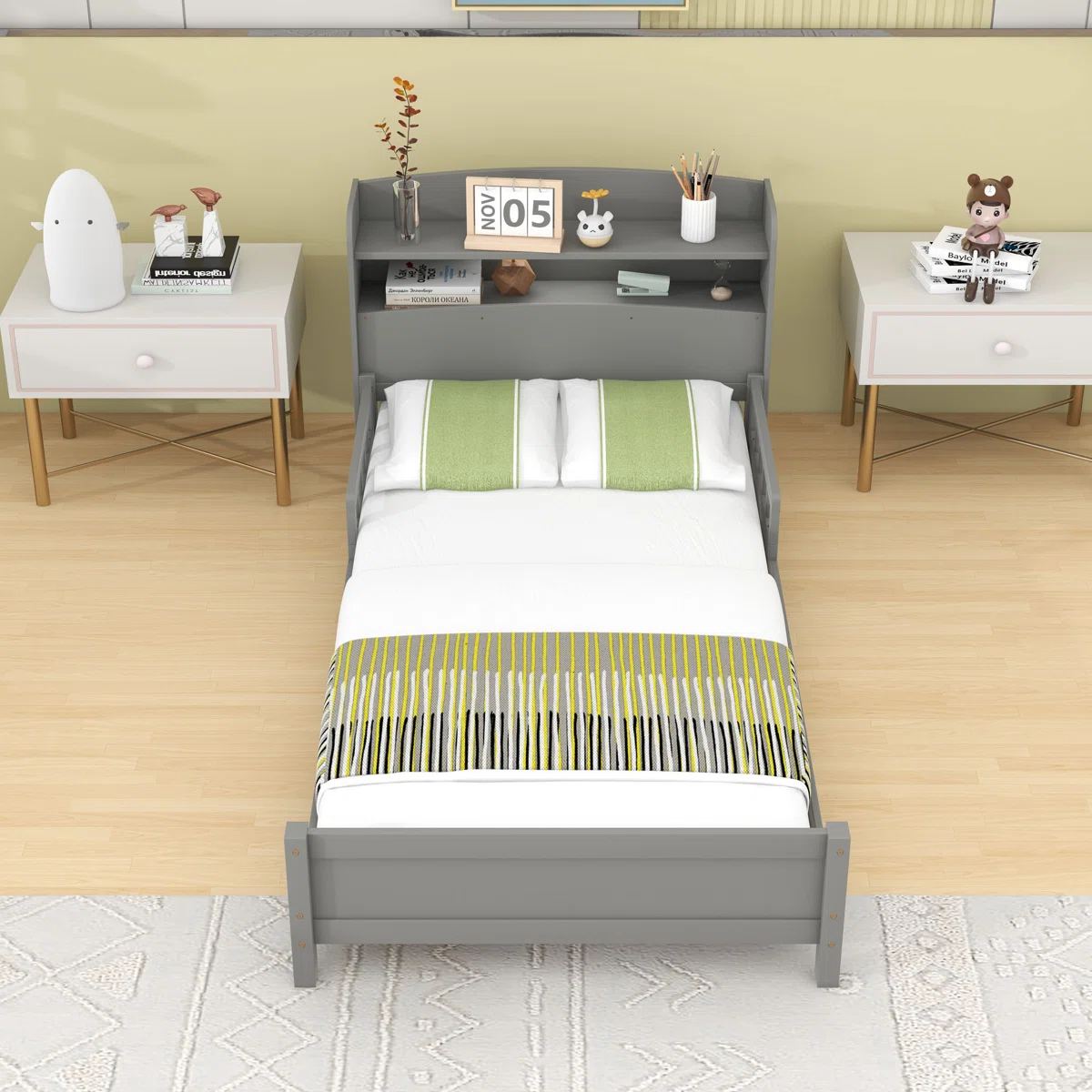 Full Platform Bed with LED Motion Sensor Light and Bookcase Headboard