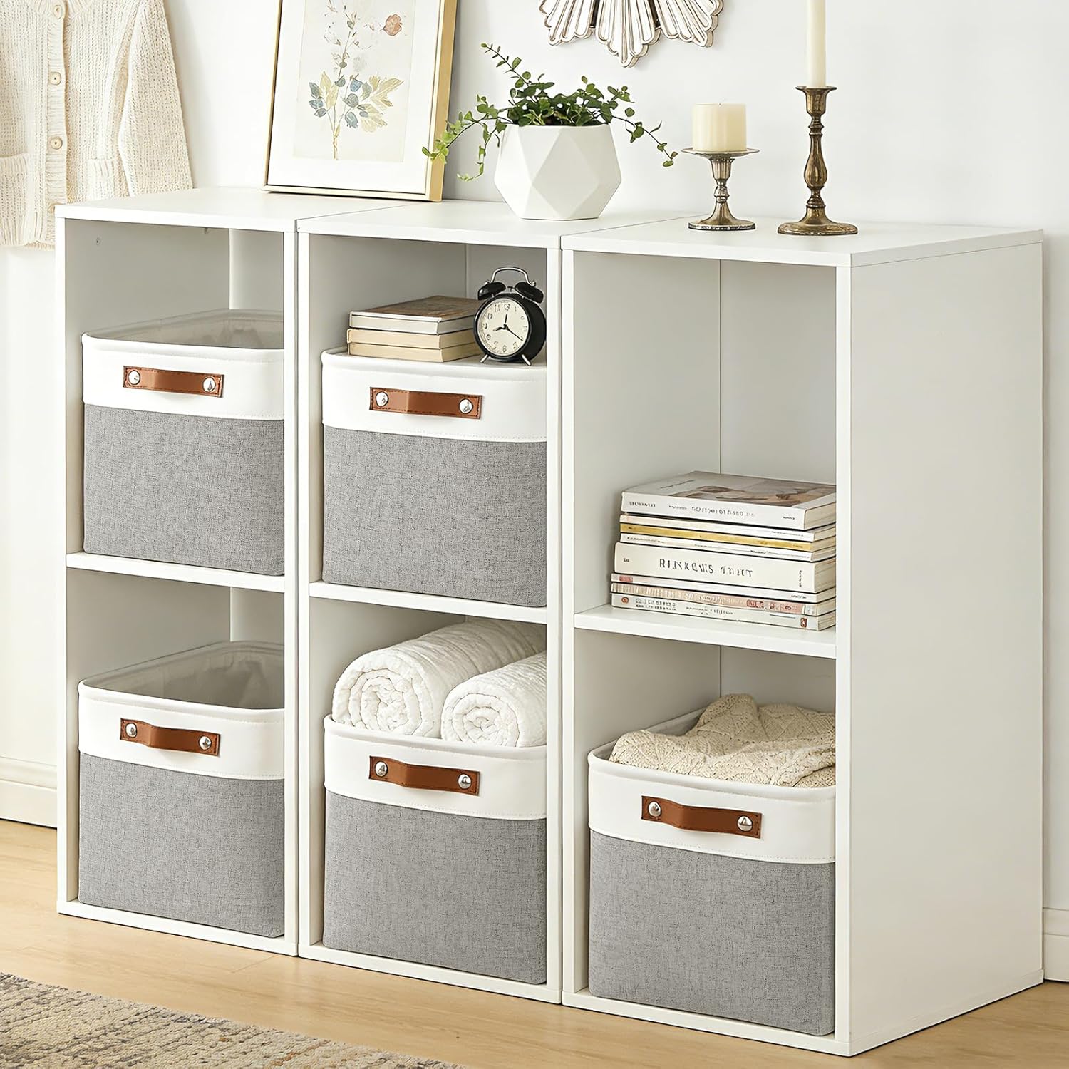 Bagnizer Storage Bins Large Fabric Storage Baskets for Shelves 3 Pack, Decorative Linen Closet Baskets with Handles for Organizing, Shelf, Clothes, Home, Office, 15x11x9.5Inches (Grey&White) Gray / Off-White Large -15x11x9.5