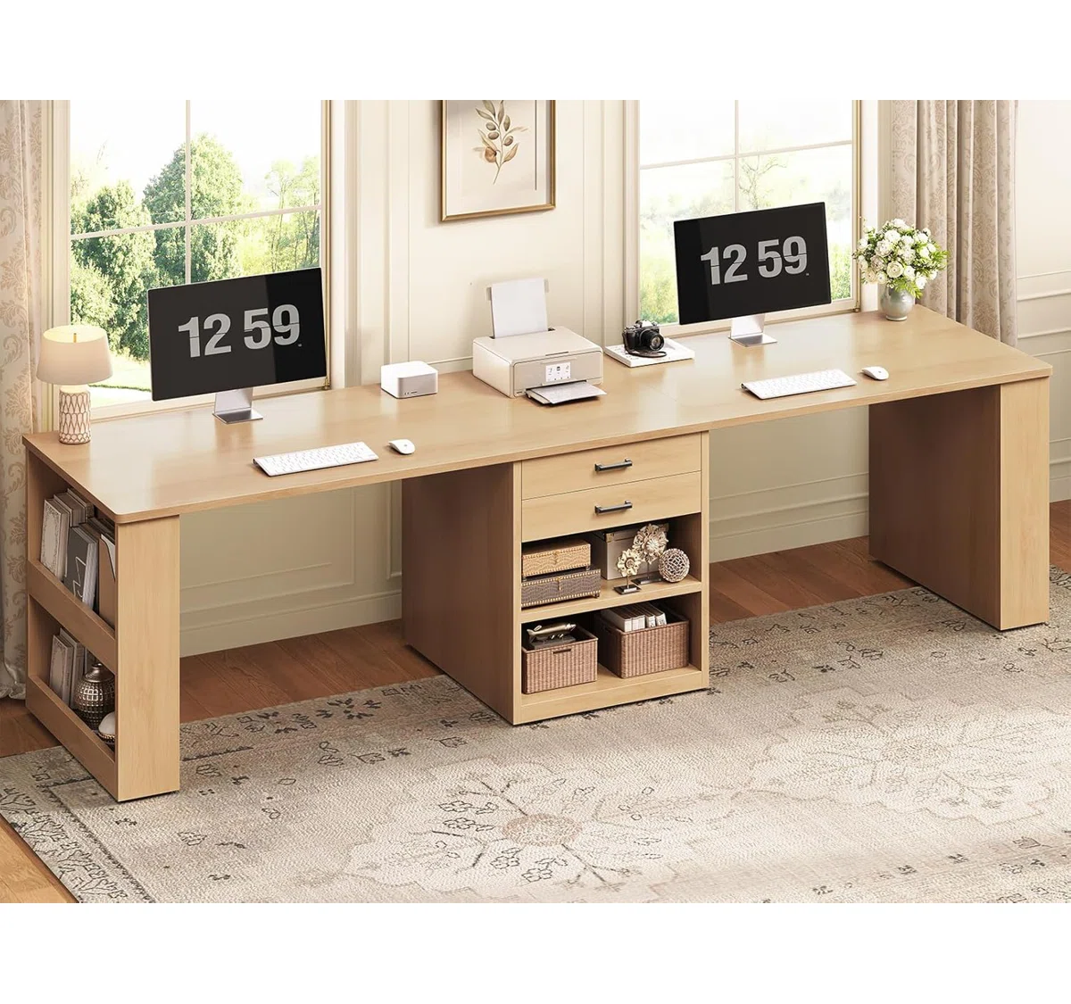 (Incomplete )90.5" 2 Person Computer Desk, Long Office Desk With Storage Drawers