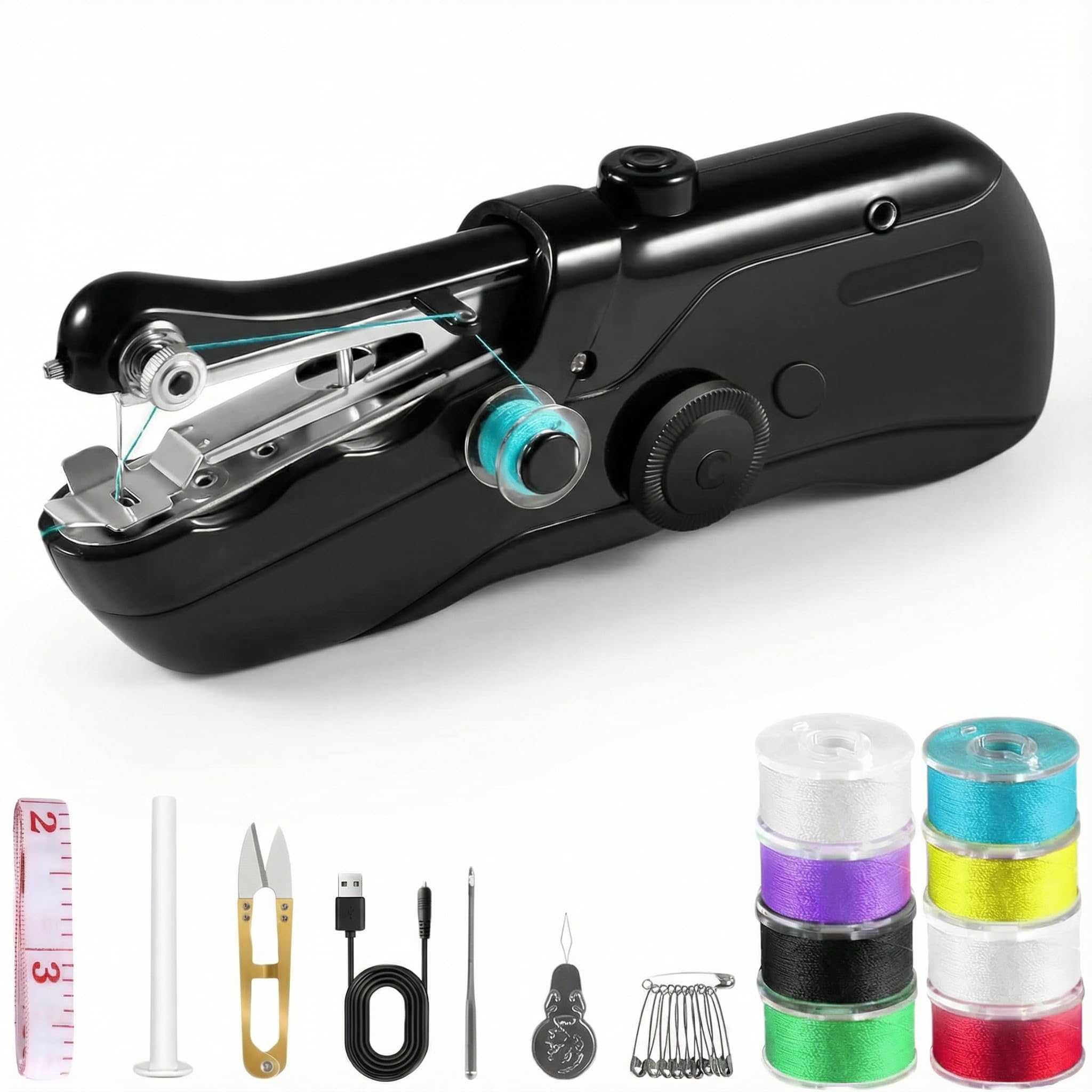 Portable Handheld Sewing Machine for Adults - Mini Hand Held Sewing Stitching Machine for Beginners - Small Electric Cordless for Quick Fabric Home Travel Clothes Pants DIY Fabric Denim - Black