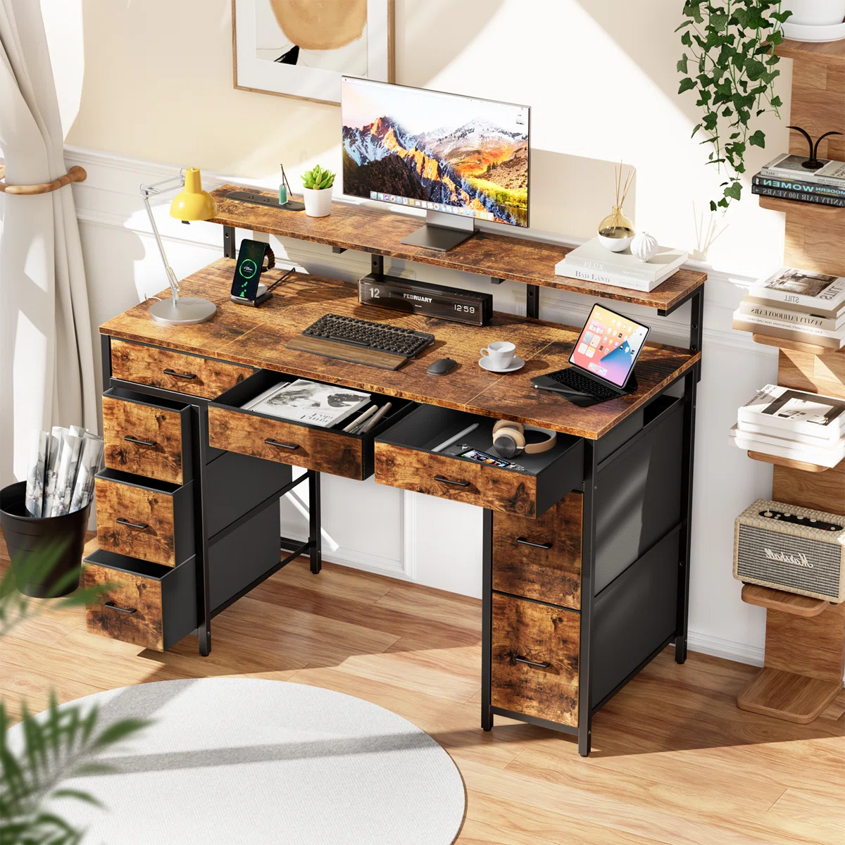 HLDIRECT 47 inch Computer Desk with 8 Storage Drawers, Gaming Desk with LED Lights & USB Power Outlets, Home Office Table with Monitor Stand, Study Writing Work Table for Bedroom
