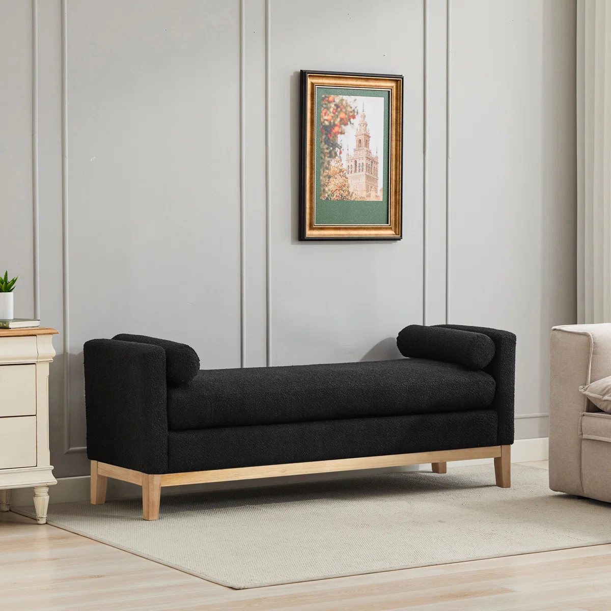 Modern Upholstered Bench 66-Inch With Dual End Pillows Built-In Large Storage Compartment Shearling Fabric Covering Solid Wood Grain Legs Multifunctional Bench Footstool Sofa Bed Storage Bench Suitable For Living Room