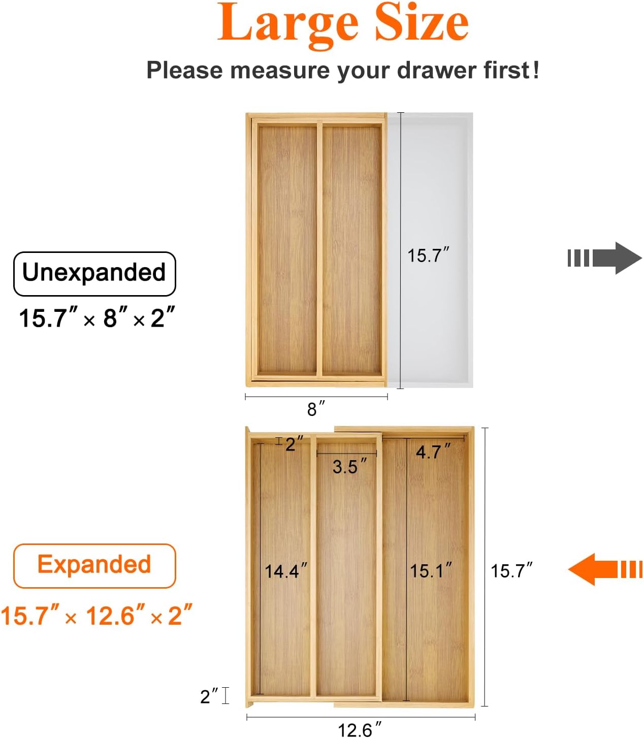 Large Bamboo Silverware Drawer Organizer Tray Kitchen Tool Drawer Divider Organizers Storage Expandable Cooking Utensil Organizer Wooden Cutlery Tray Spoon Flatware Organizers Utensil Holder Drawers (8-12.6)x 15.7 Bamboo