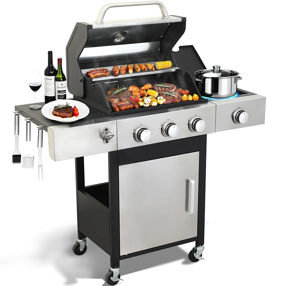 3-Burner Propane Gas Bbq Grill With Side Burner, 37230Btu Output With Enameled Cast Iron Cooking Grids For Outdoor Barbecue, Stainless Steel