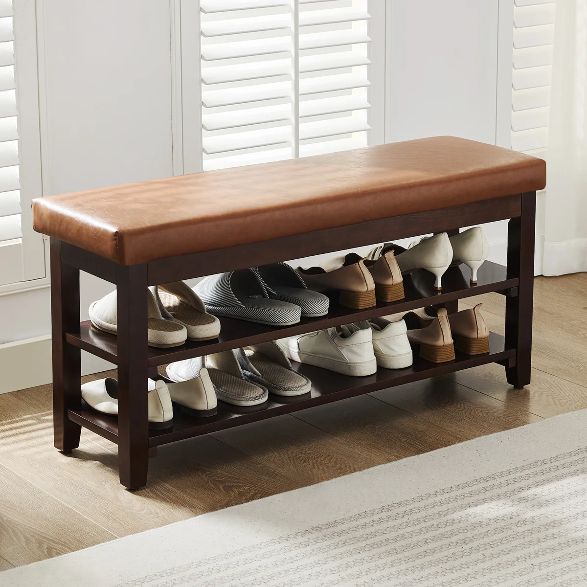 40" Solid Wood Shoe Bench with Cushion, 2-Tier Entryway Storage Bench