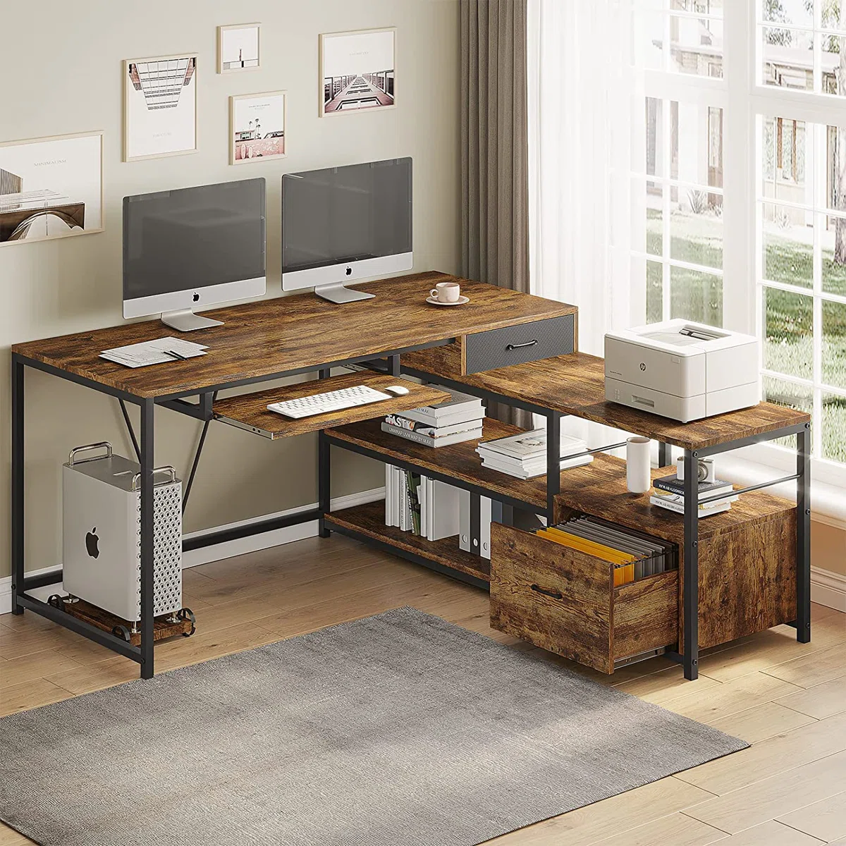 63 Height Adjustable Computer Desk with 3 Drawers Farmhouse Electric Standing Desk