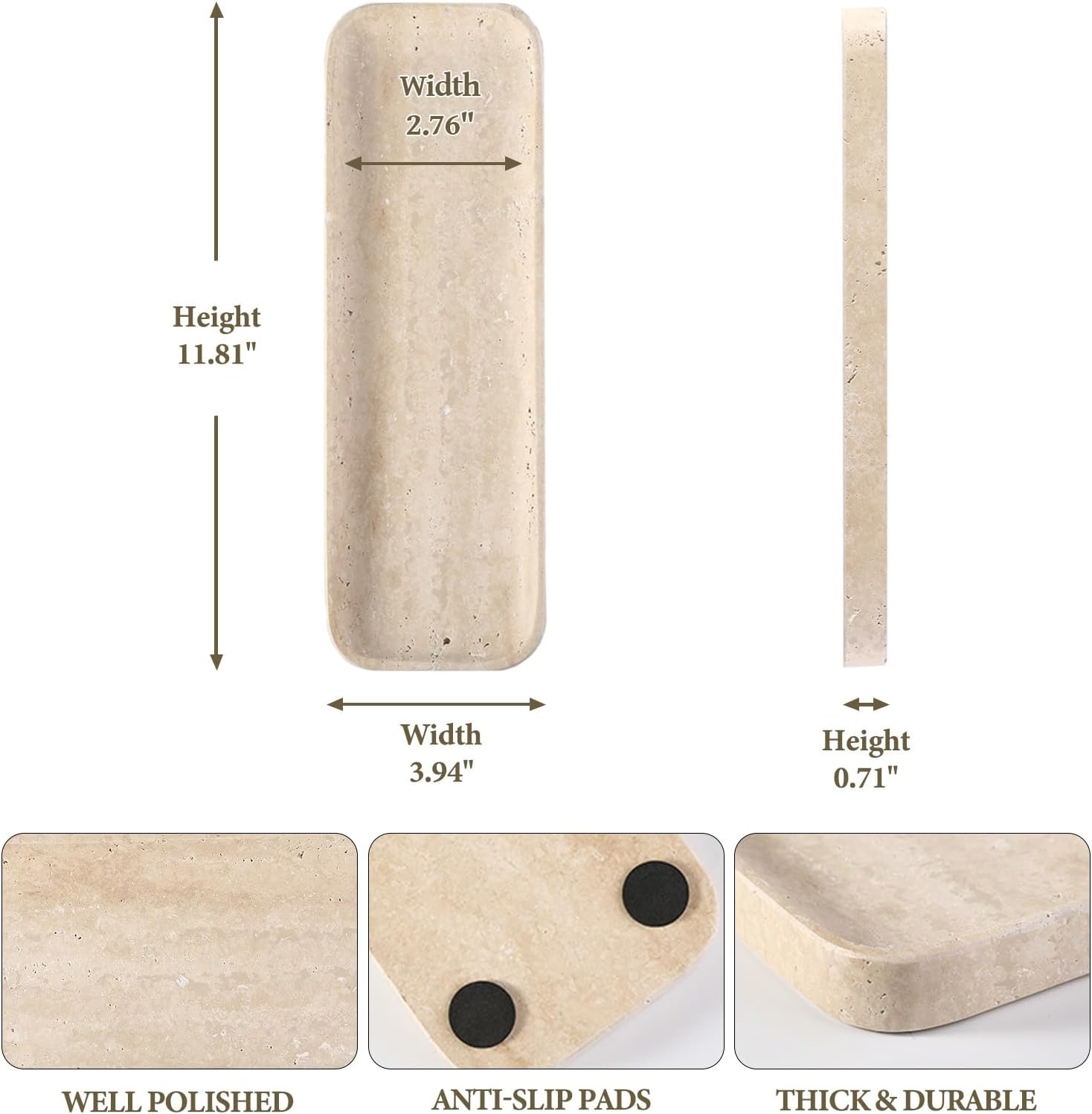 Koville Marble Tray, 12x4 Marble Vanity Tray for Bathroom Kitchen Countertop Sink, Natural Stone Tray for Home Decor, Decorative Rectangular Narrow Catchall Tray for Jewelry Perfume Travertino Romano 12 x 4 x 0.7