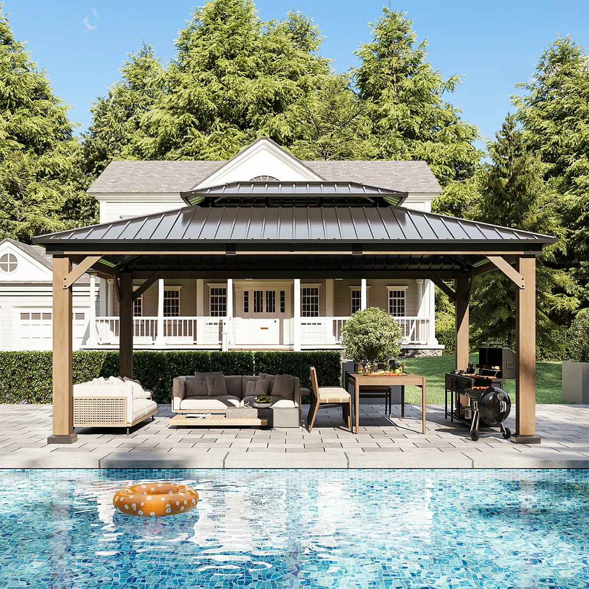Jolydale 12x16ft. Soild Wood Gazebo, Hardtop Gazebo With Galvanized Steel Double Roof, Suitable For Patios, Lawn And Backyard